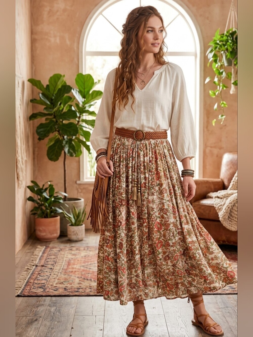 NATURAL LIFE Floral Maxi Skirt in Cream, Coral, Olive